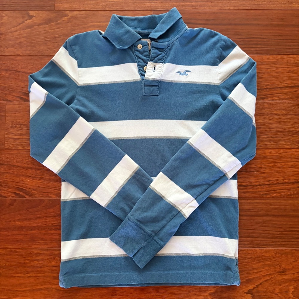 Hollister Long Sleeve Rugby Polo Striped Blue White Y2K Men's Small 100% Cotton
